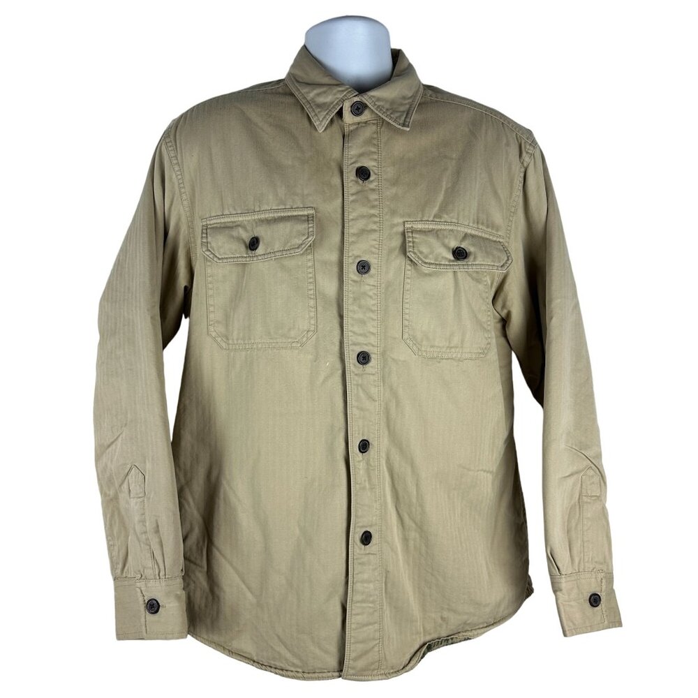 Chaps Denim Mens Size M Long Sleeve Khaki Button-Up Shirt Fleece Lined